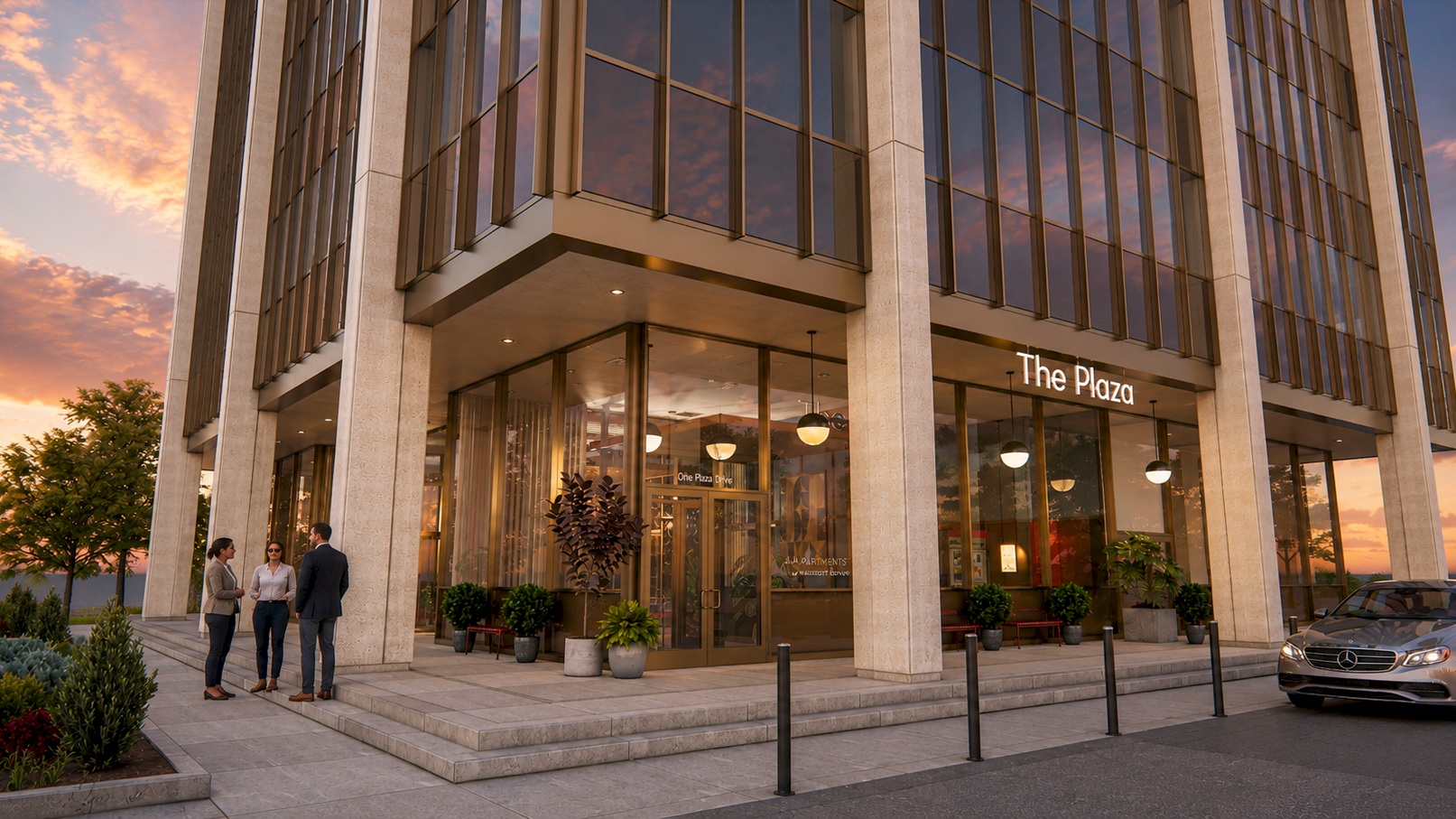 A modern hotel entrance called &ldquo;The Plaza&rdquo; with glass doors, people talking outside, and a Mercedes parked at sunset.