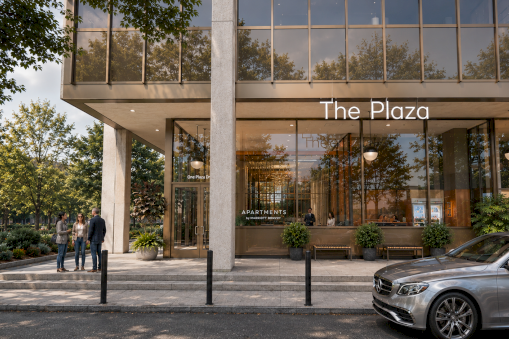 The Plaza building lobby entrance with &ldquo;APARTMENTS&rdquo; signage, trees, a few people chatting, and a parked car in front.